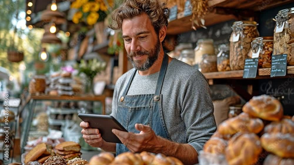 Image showcasing Using a smart tablet, the proprietor of a small café and bakery plans ...