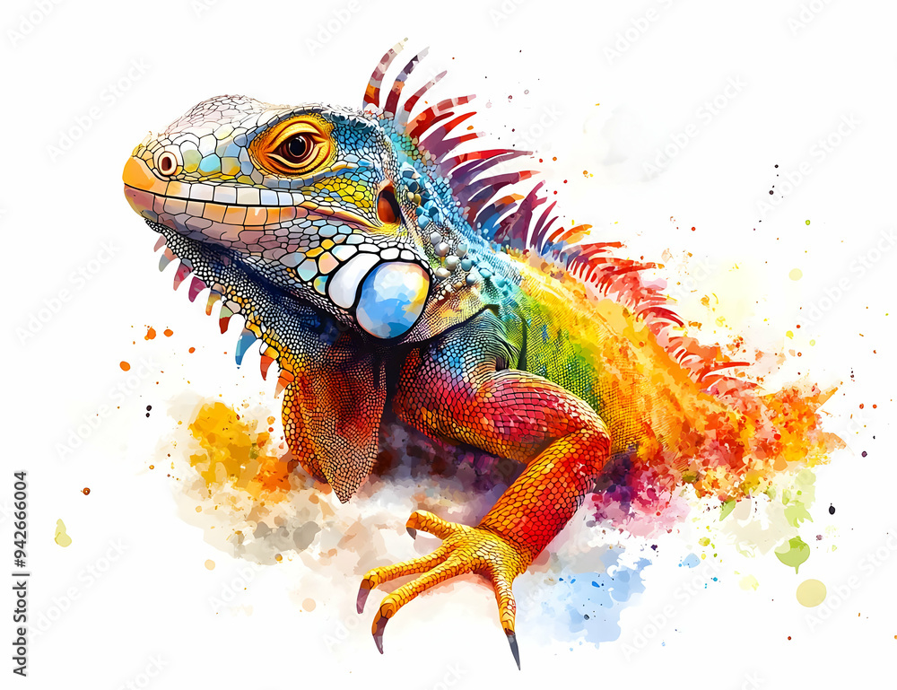A vibrant iguana illustration showcasing colorful details and dynamic splashes, perfect for art and wildlife themes. A vibrant iguana illustration showcasing colorful details and dynamic splashes, perfect for art and wildlife themes.