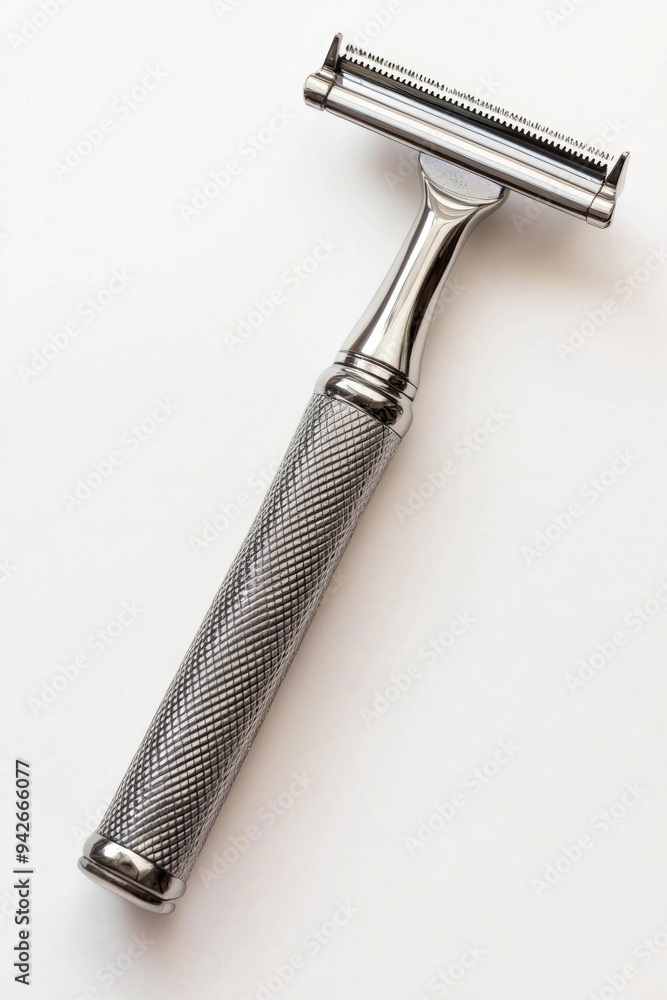 A safety razor with a metallic handle and blade, isolated on a white background. A safety razor with a metallic handle and blade, isolated on a white background.