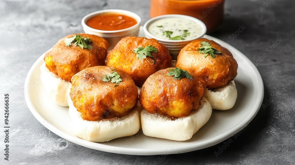 A plate of spicy vada pav, with the buns stuffed with fried potato patties and chutneys, vada pav, Indian street food, spicy A plate of spicy vada pav, with the buns stuffed with fried potato patties and chutneys, vada pav, Indian street food, spicy