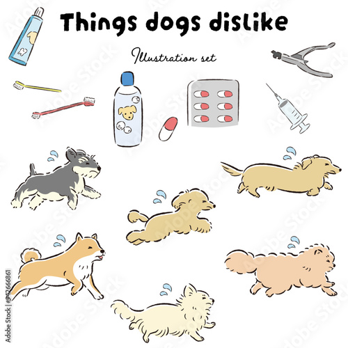 困った表情の犬と苦手な物のイラストセット