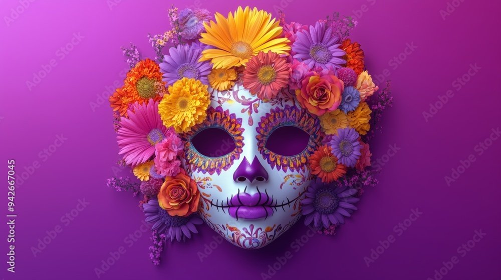 dia de los muertos festive Catrina mask with dahlias, roses and orange marigolds on a vibrant bold purple background dia de los muertos festive Catrina mask with dahlias, roses and orange marigolds on a vibrant bold purple background