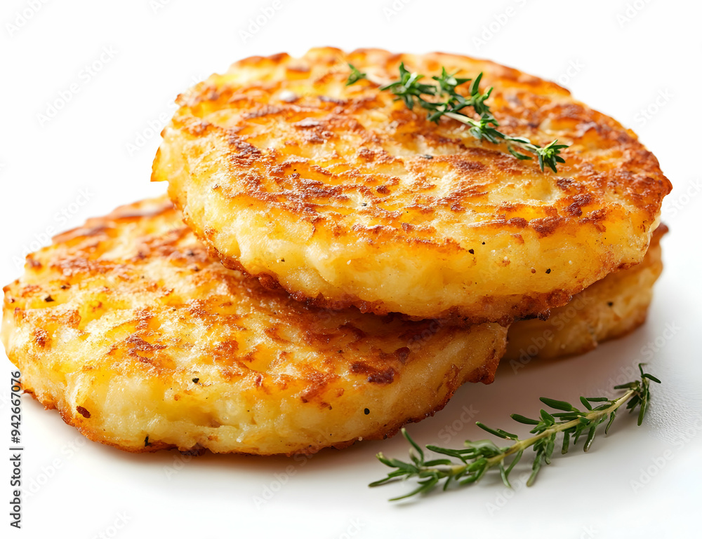 Deliciously crispy potato pancakes garnished with fresh thyme, perfect for breakfast or as a savory snack. Deliciously crispy potato pancakes garnished with fresh thyme, perfect for breakfast or as a savory snack.