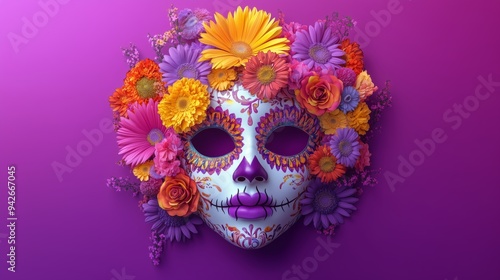 Wallpaper Mural dia de los muertos festive Catrina mask with dahlias, roses and orange marigolds on a vibrant bold purple background Torontodigital.ca