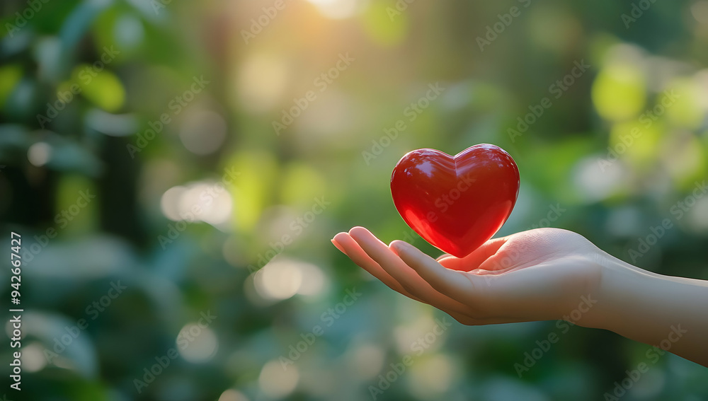 A hand gently holds a red heart symbolizing love and care in a natural, serene environment. A hand gently holds a red heart symbolizing love and care in a natural, serene environment.