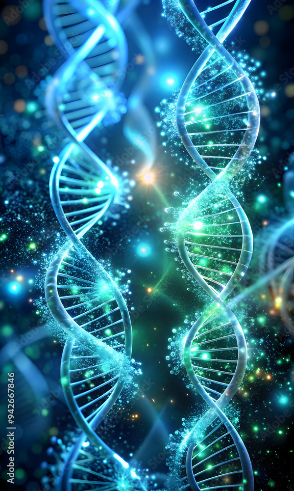 The Blueprint of Life: A mesmerizing 3D rendering of a DNA double helix, glowing with ethereal light and surrounded by a field of shimmering particles, representing the intricate beauty and complexity The Blueprint of Life: A mesmerizing 3D rendering of a DNA double helix, glowing with ethereal light and surrounded by a field of shimmering particles, representing the intricate beauty and complexity