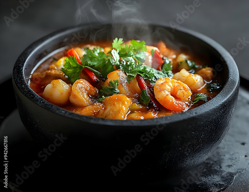 A steaming bowl of shrimp dish garnished with fresh herbs and spices, perfect for an appetizing meal.