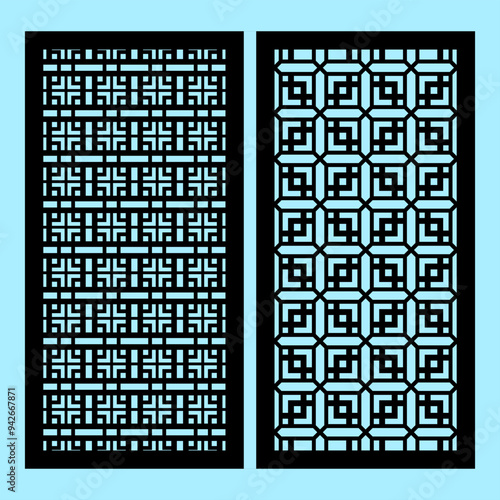 Collection of laser cut templates with modern abstract geometric panels. Template for cnc cutting of metal and wood. Aspect ratio 1:2. blue background.