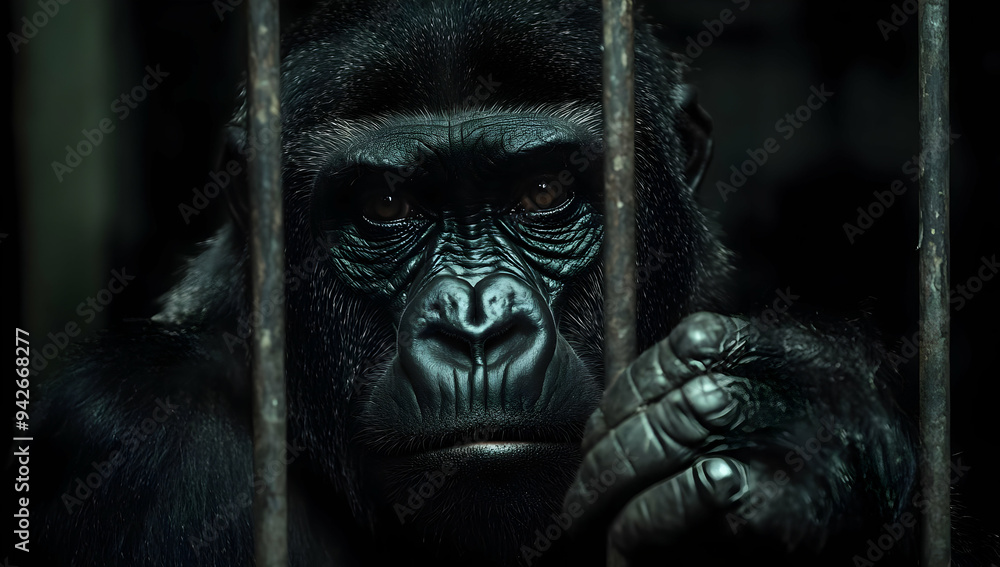 A powerful gorilla behind bars, showcasing its striking features and deep gaze, evoking a sense of contemplation and captivity. A powerful gorilla behind bars, showcasing its striking features and deep gaze, evoking a sense of contemplation and captivity.