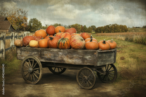 A wooden cart filled with pumpkins set against a rustic, countryside background.