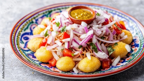 A colorful plate of sev puri, topped with onions, tomatoes, and chutneys, sev puri, Indian street food, chaat