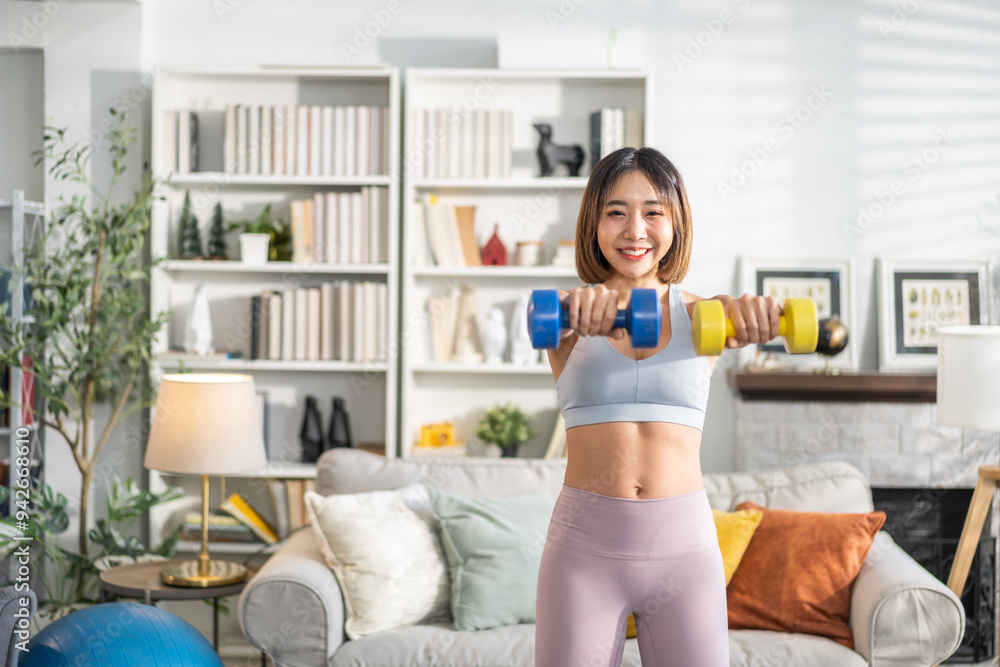 Portrait of sport slim fit strength asian woman training in sportswear relax and practicing yoga, fitness, exercise, wellness, workout, sport at home.Diet concept.Fitness and healthy lifestyle Portrait of sport slim fit strength asian woman training in sportswear relax and practicing yoga, fitness, exercise, wellness, workout, sport at home.Diet concept.Fitness and healthy lifestyle