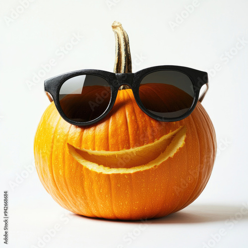 A funny pumpkin wearing sunglasses on a white background, smiling with a quirky expression.