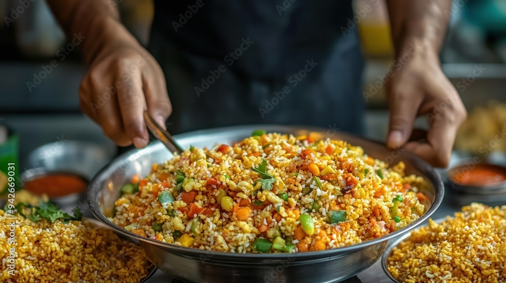 A vendor preparing fresh bhel puri, with a mix of puffed rice, vegetables, and chutneys, bhel puri, Indian street food, Mumbai A vendor preparing fresh bhel puri, with a mix of puffed rice, vegetables, and chutneys, bhel puri, Indian street food, Mumbai