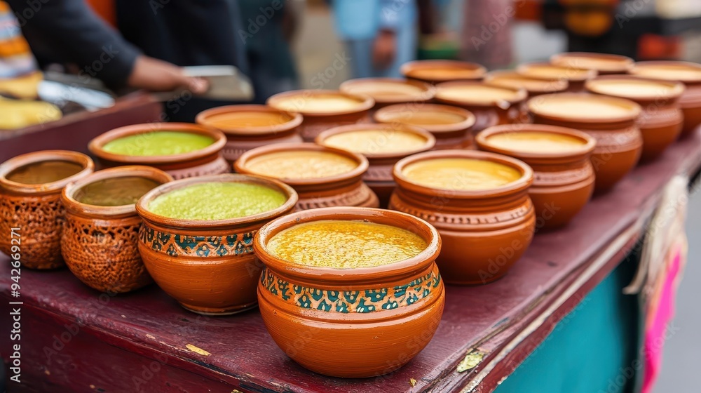 A vibrant scene of a street vendor serving hot masala chai in traditional clay cups, masala chai, Indian street food, traditional A vibrant scene of a street vendor serving hot masala chai in traditional clay cups, masala chai, Indian street food, traditional