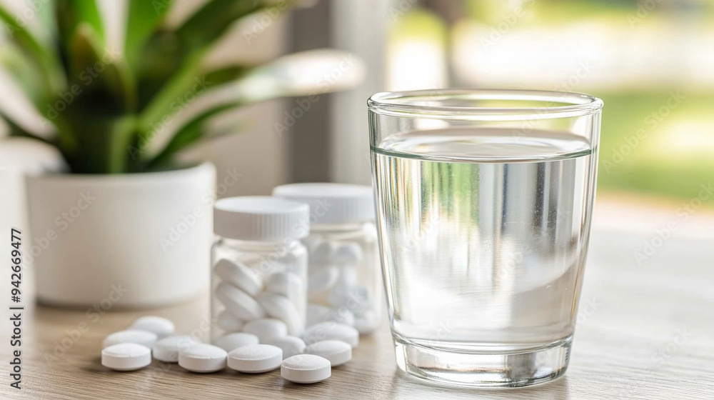 clear glass of water beside a pill bottle on a counter, symbolizing health and medication. The image highlights the importance of hydration and proper medication management clear glass of water beside a pill bottle on a counter, symbolizing health and medication. The image highlights the importance of hydration and proper medication management