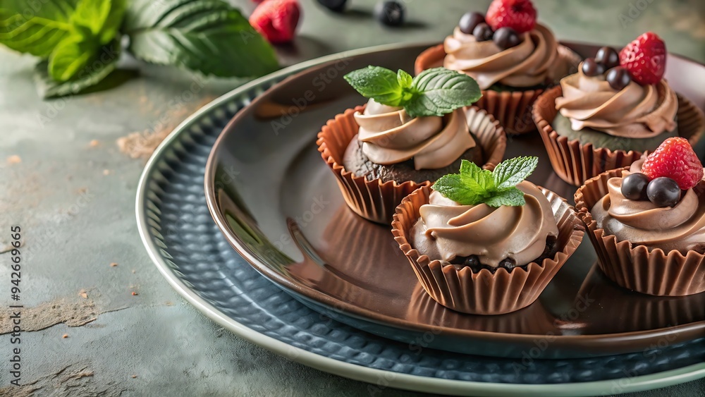 Chocolate Cupcakes with Raspberries and Mint.