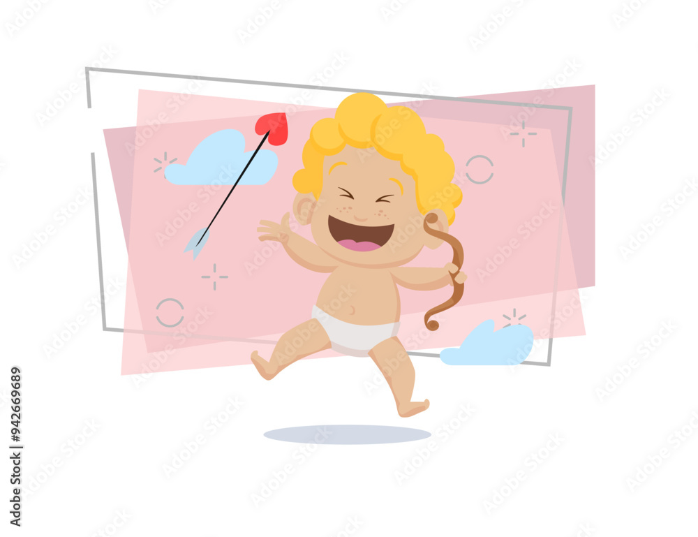 Cheerful cartoon cupid with bow and arrow laughing. Cute character, toddler, fun, joy. Valentines day concept. Can be used for topics like love, romance, dating Cheerful cartoon cupid with bow and arrow laughing. Cute character, toddler, fun, joy. Valentines day concept. Can be used for topics like love, romance, dating