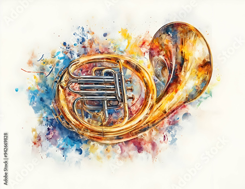 Colorful artistic illustration of a French horn, showcasing vibrant splashes of paint and musical elegance. photo