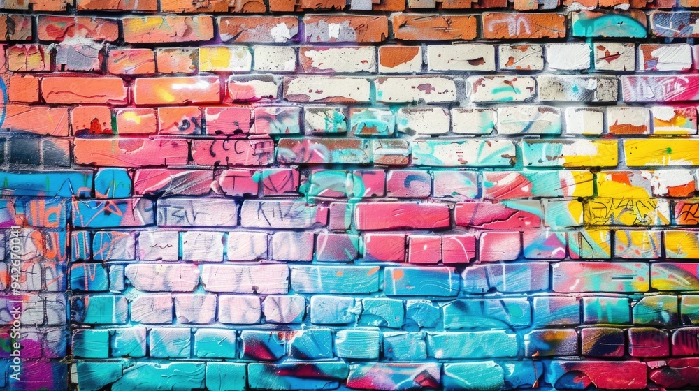 Colorful graffiti on brick wall. Artistic urban and street style. Colorful graffiti on brick wall. Artistic urban and street style.