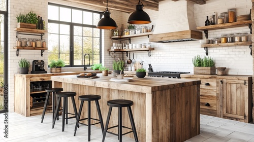 Watercolor rustic kitchen island with open shelving and warm wood tones.
