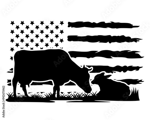 Mother & Baby Cow | Calf | Cow | US Flag | Wildlife | Dairy Farm | Domestic Animal | Farm Animal | Original Illustration | Vector and Clipart | Cutfile and Stencil