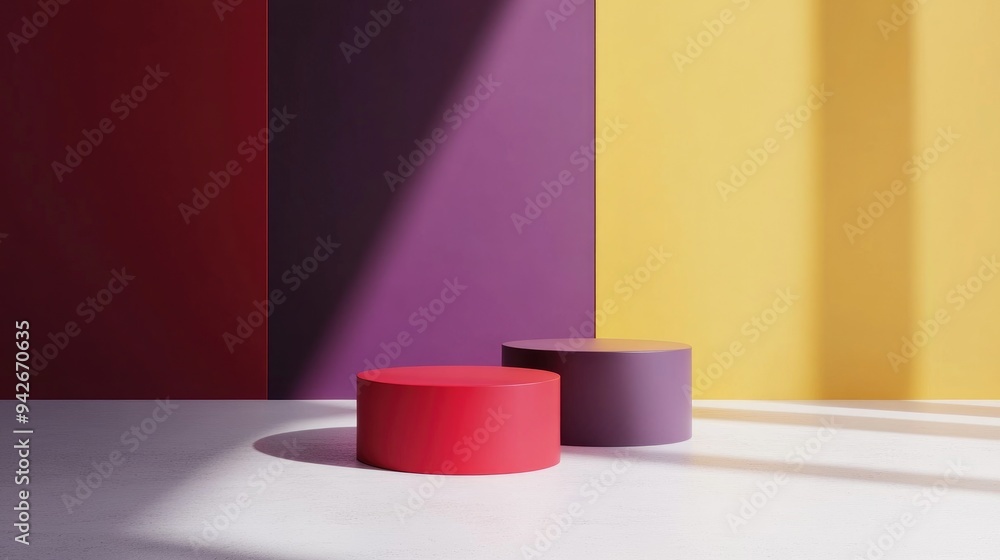 Collection of 3D product podiums featuring red yellow and dark purple hues on a blank white floor Minimalist design with an abstract style ideal for fashion display mockups Collection of 3D product podiums featuring red yellow and dark purple hues on a blank white floor Minimalist design with an abstract style ideal for fashion display mockups