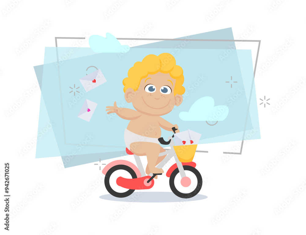 Cute little cupid delivering Valentines cards by bike. Riding bicycle, cherub, fun, joy. Valentines day concept. Can be used for topics like love, romance, dating Cute little cupid delivering Valentines cards by bike. Riding bicycle, cherub, fun, joy. Valentines day concept. Can be used for topics like love, romance, dating