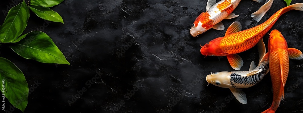 Three colorful Koi fish on a black background with green leaves in the corner. Three colorful Koi fish on a black background with green leaves in the corner.
