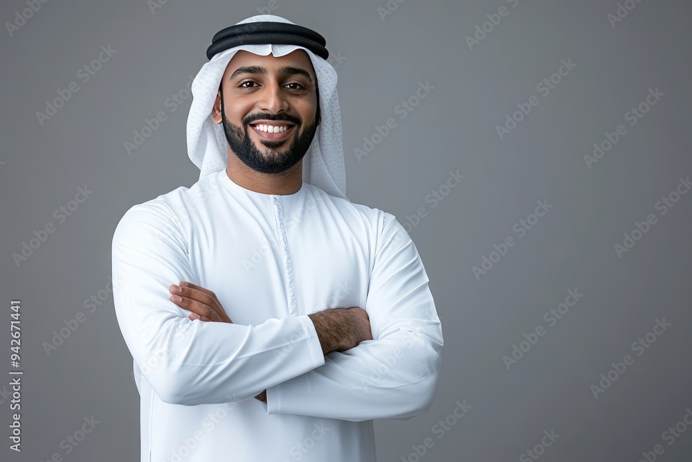 An Emirati man confidently stands in a white kandura, with crossed arms, smiling in a studio shot. An Emirati man confidently stands in a white kandura, with crossed arms, smiling in a studio shot.