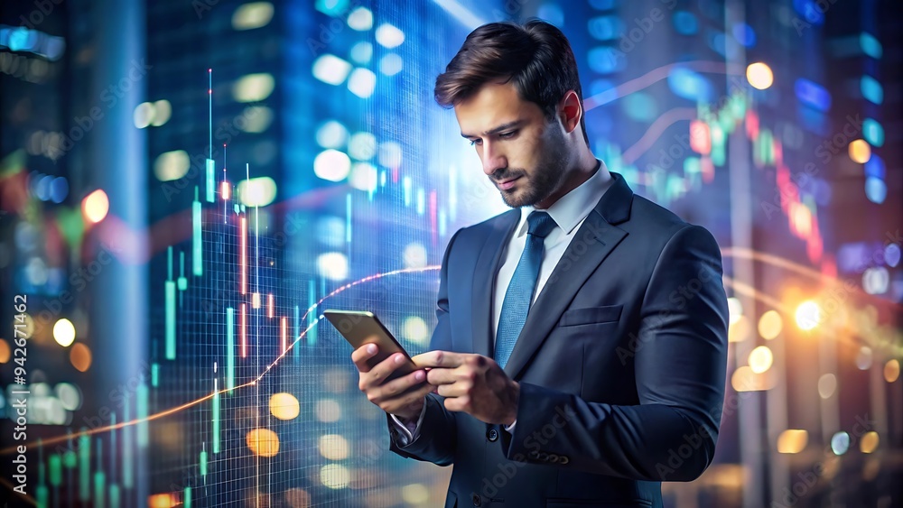 Fototapeta premium Businessman Analyzing Stock Market on Smartphone in City at Night.