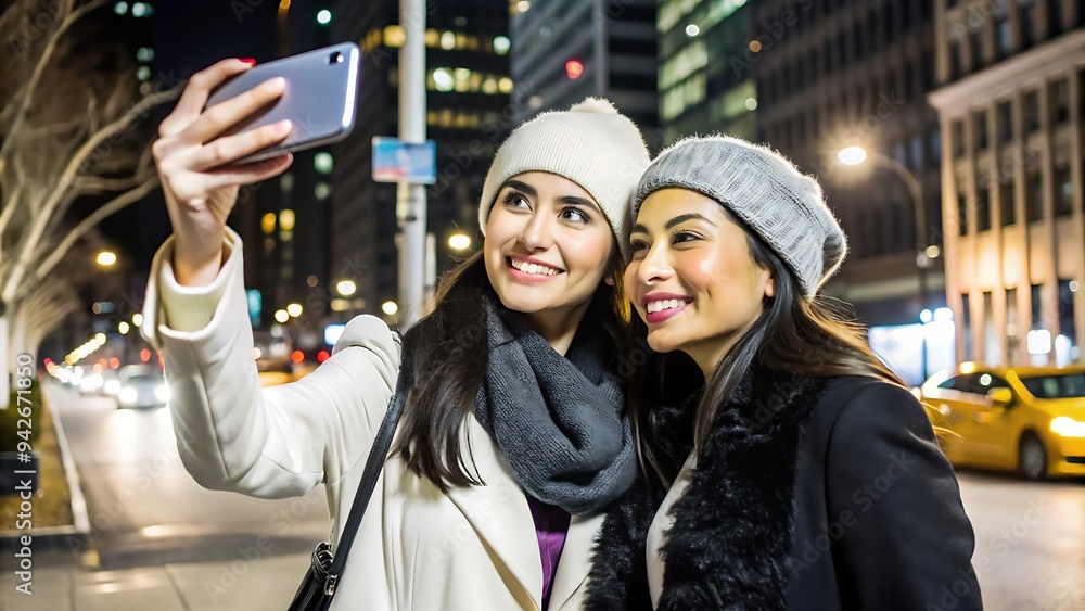 Two Smiling Friends Taking a Selfie in the City at Night. Two Smiling Friends Taking a Selfie in the City at Night.