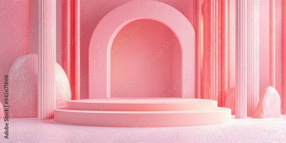 3D rendering of a pink podium with a pastel background 3D rendering of a pink podium with a pastel background