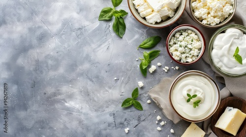 Assorted cheeses and sour cream in bowls on a gray background with basil leaves.