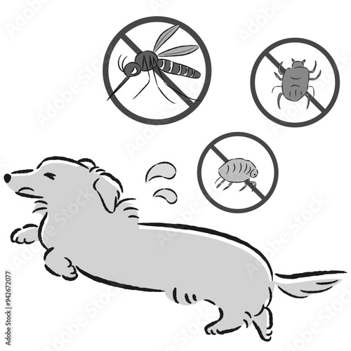 犬と害虫（蚊、ノミ、ダニ）のイラストセット
