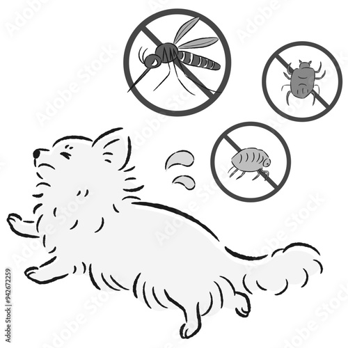 犬と害虫（蚊、ノミ、ダニ）のイラストセット