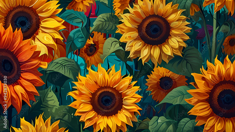 abstract illustration background featuring vibrant sunflowers in a swirling, impressionistic style abstract illustration background featuring vibrant sunflowers in a swirling, impressionistic style