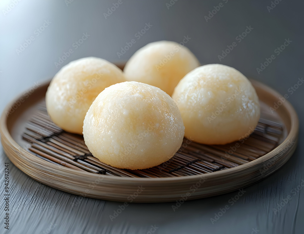 Deliciously soft and chewy mochi balls arranged on a bamboo plate, perfect for culinary presentations or dessert themes. Deliciously soft and chewy mochi balls arranged on a bamboo plate, perfect for culinary presentations or dessert themes.