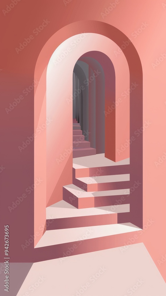Modernist graphic design archway to another world with 3D effect, flat illustration, flat colors, steps on door frame leading to minimalist dimension. Modernist graphic design archway to another world with 3D effect, flat illustration, flat colors, steps on door frame leading to minimalist dimension.