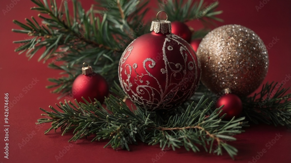 Fototapeta premium Chrisn'ttmas copy space, place holder, banner Winter ornaments on red background.