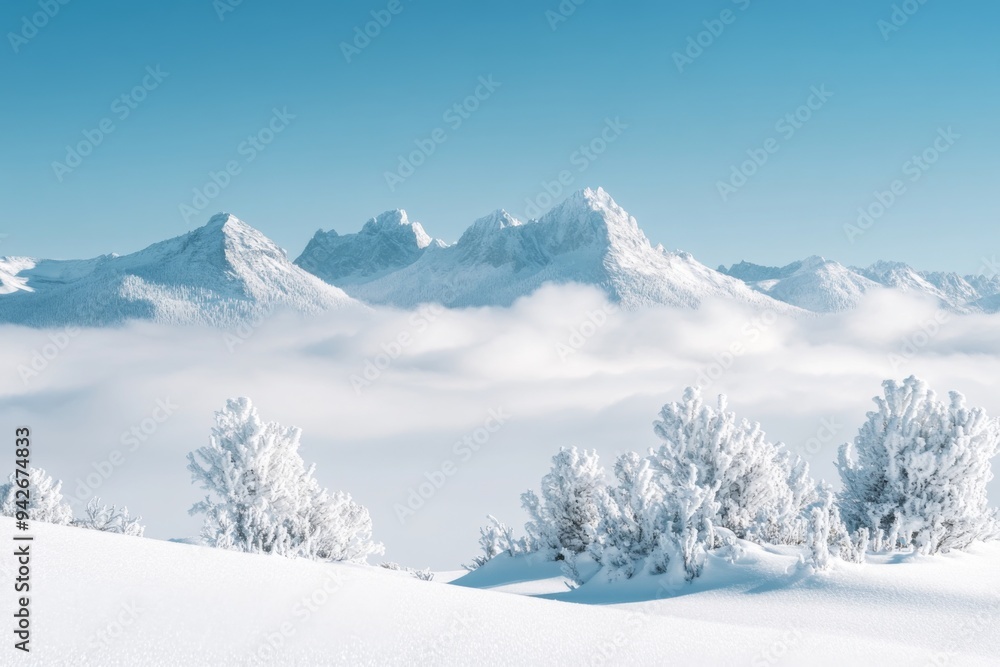 snow covered mountains, their peaks towering above the clouds against a clear blue sky snow covered mountains, their peaks towering above the clouds against a clear blue sky