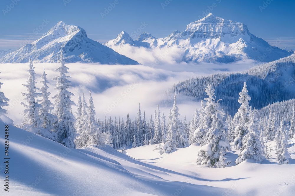 Fototapeta premium A breathtaking view of snow covered mountains, their peaks towering above the clouds against a clear blue sky 