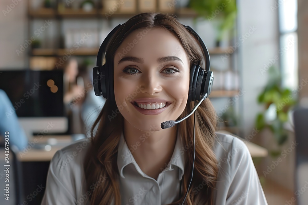 Webinar: Portrait of Beautiful Young Caucasian Woman Smiling in Corporate Clothing with Headphones Webinar: Portrait of Beautiful Young Caucasian Woman Smiling in Corporate Clothing with Headphones