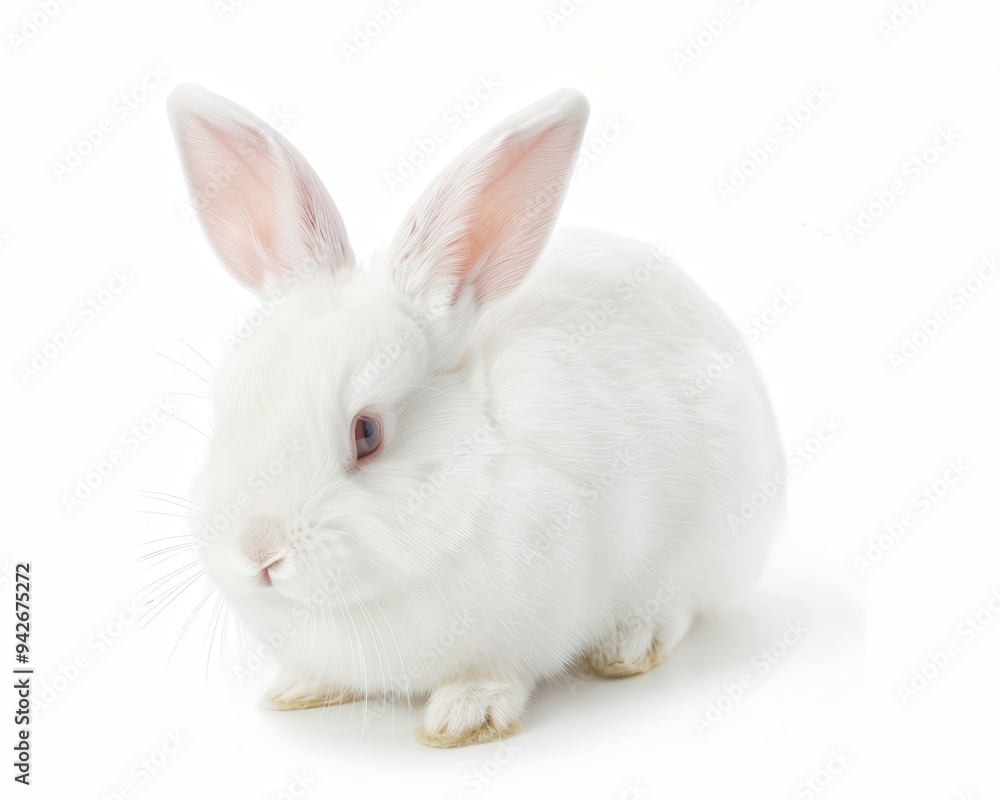 White Bunny isolated on white background. Cute fluffy pet rabbit with white fur White Bunny isolated on white background. Cute fluffy pet rabbit with white fur