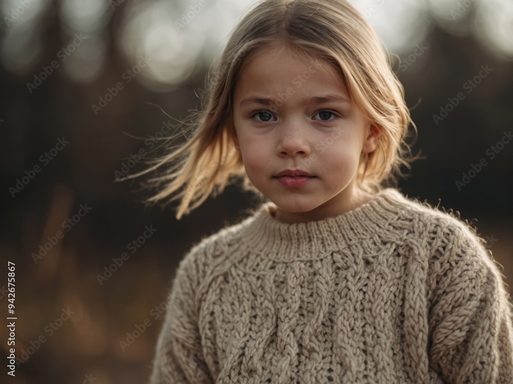 Adorable Little Nordic Model in Soft Beige Knit Sweater. Adorable Little Nordic Model in Soft Beige Knit Sweater.