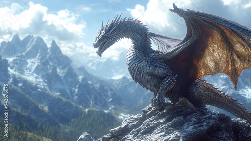 Portrait of fantasy white dragon on the top of the mountain photo