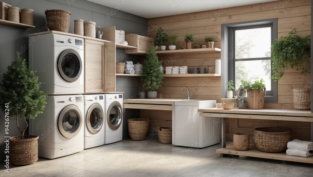 Modern Laundry Room with Stacked Washers, Wood Accents, and Plants Modern Laundry Room with Stacked Washers, Wood Accents, and Plants