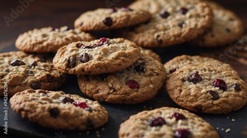 An assortment of freshly baked buckwheat cookies including chocolate chip oatmeal and cranberry flavors. photo