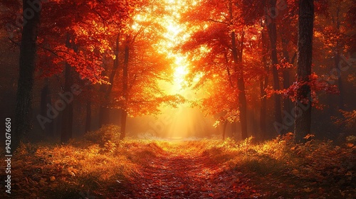 Colorful trees and footpath road in autumn landscape in deep forest. The autumn colors in the forest create a magnificent view. autumn view in nature