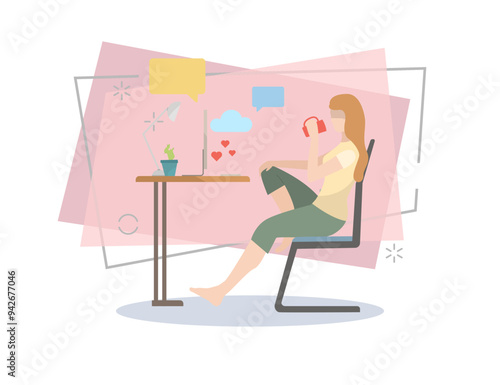 Woman sitting at table, drinking tea and using computer flat illustration. Freelance, student, internet. Leisure concept. Vector can be used for topics like domestic life, business, technology